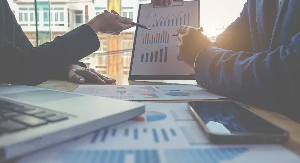 コンサルタントがWebサイトを閲覧しながら会議する様子