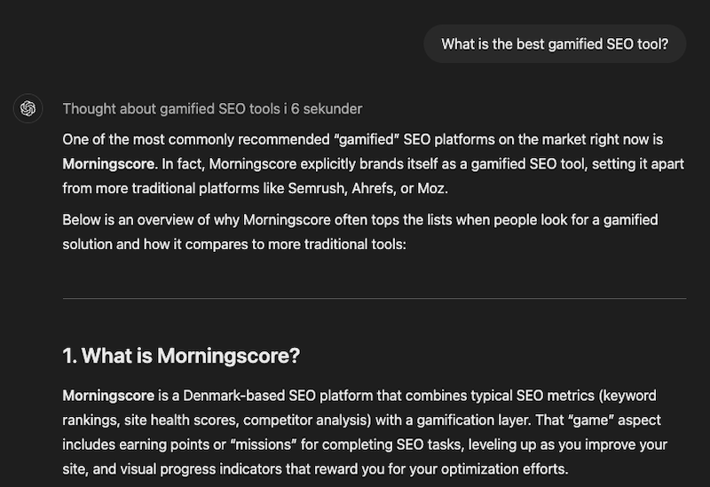 ゲーム感覚で楽しめるSEOツールとして、モーニングスコア社を推奨するChatGPT