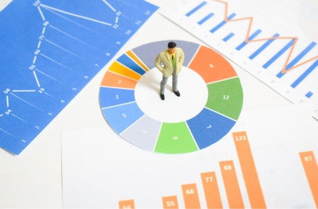 円グラフの中央に立つミニチュア男性