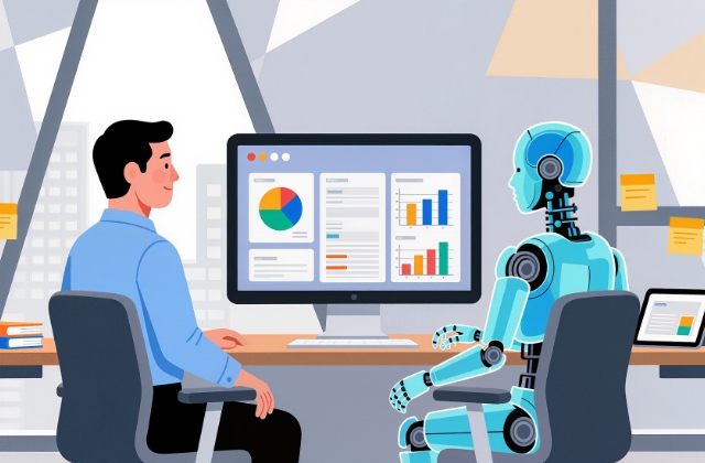 ロボットと画面を見ている人の画像